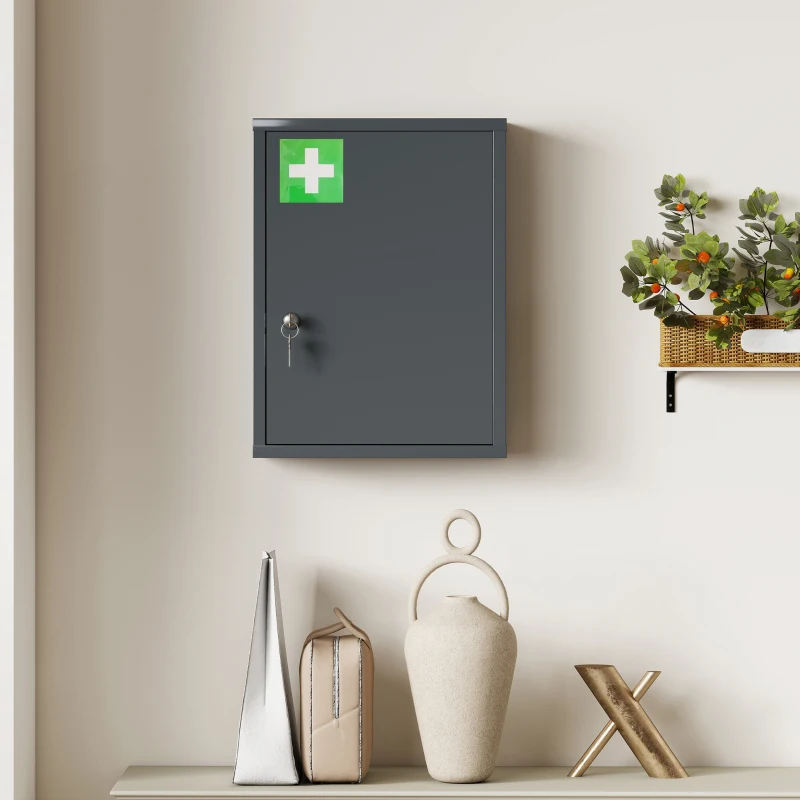 kleankin Wall-mount medicine cabinet with lock, 3-tier steel wall cabinet, 40 x 15 x 53,5 cm, coal gray