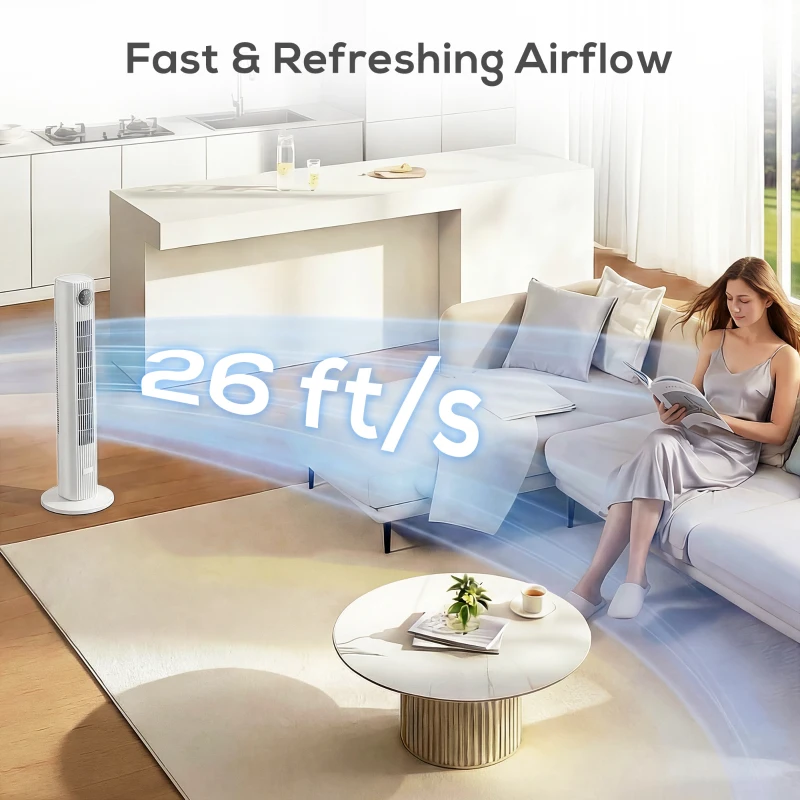 HOMCOM 28dB Tower Fan for Bedroom, 26 ft/s Velocity Standing Cooling Fan with 80° Oscillating, 12 Speeds, LED Display, 4 Modes, 12H Timer, Bladeless, Remote Control, 36 inch, White