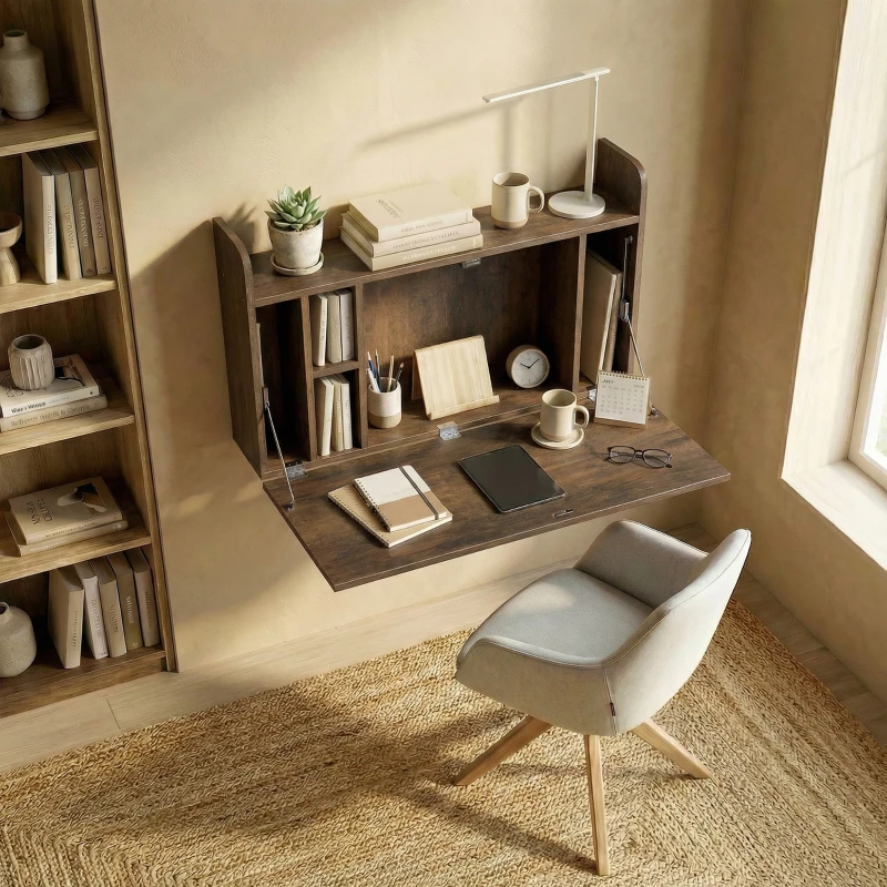 HOMCOM Wall Mounted Desk, Drop Leaf Floating Laptop Desk with Space Saving Storage Compartments for Home Office, Dark Brown