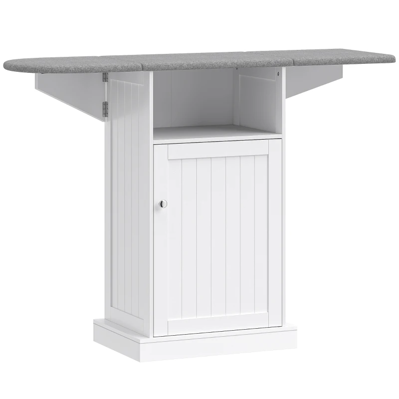 HOMCOM Meuble Planche à Repasser Pliable sur Roulettes avec Étagère Ouverte et Armoire, 121x37x89 cm, Blanc et Gris