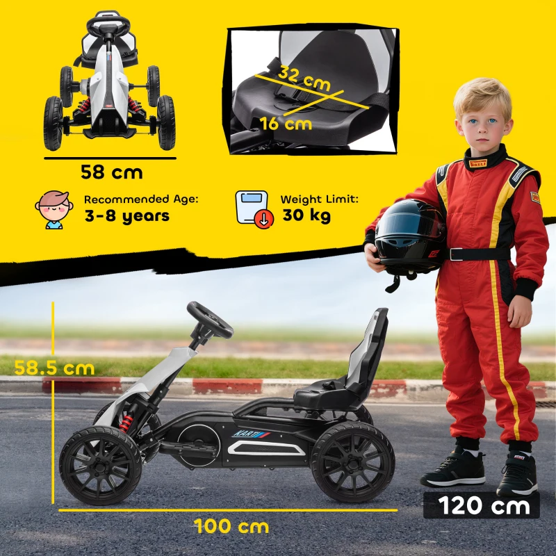 HOMCOM 12V Electric Go-Kart for Kids, Ride-On Racing Go-Kart, with Forward and Reversing Functions, for Ages 3-8 Years - White