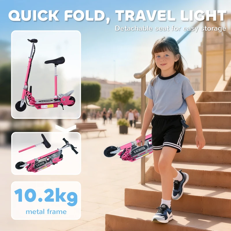 HOMCOM Foldable Powered Scooter with Adjustable Seat, Brake, Pink