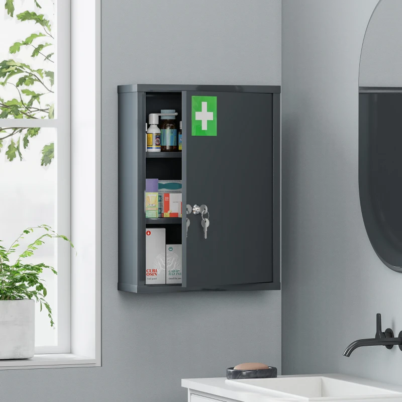 kleankin Armoire à médicaments à fixer au mur avec serrure, armoire murale en acier 3 niveaux, 40 x 15 x 53,5 cm, gris charbon