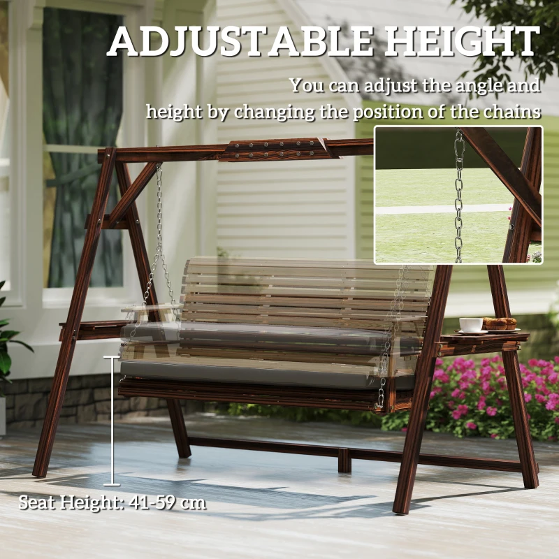 Outsunny Hollywoodschommel, 3-zits tuinschommel van hout, houten schommel met zitkussen en zijtafeltjes tot 330 kg Verkoold