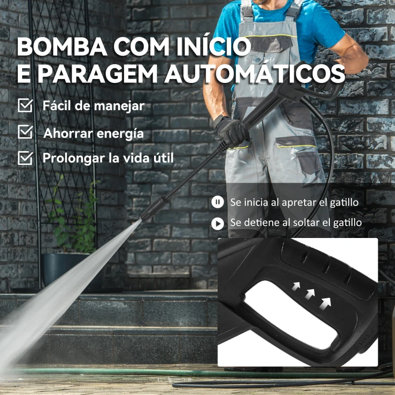 Outsunny Hidrolimpiadora de Alta Presión 2200W con Accesorios Ángulo Ajustable y Parada Automática 32x32x80 cm Verde y Negro