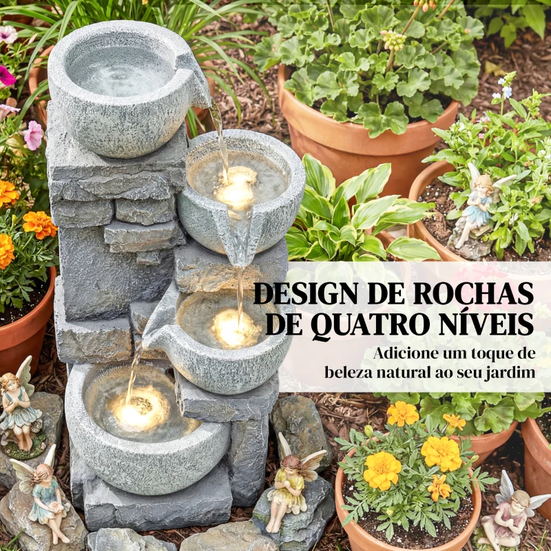 Outsunny Fonte de Jardim com Iluminação LED e Bomba Decorativa em Cascata de 4 Níveis Fluxo Ajustável Cinzento