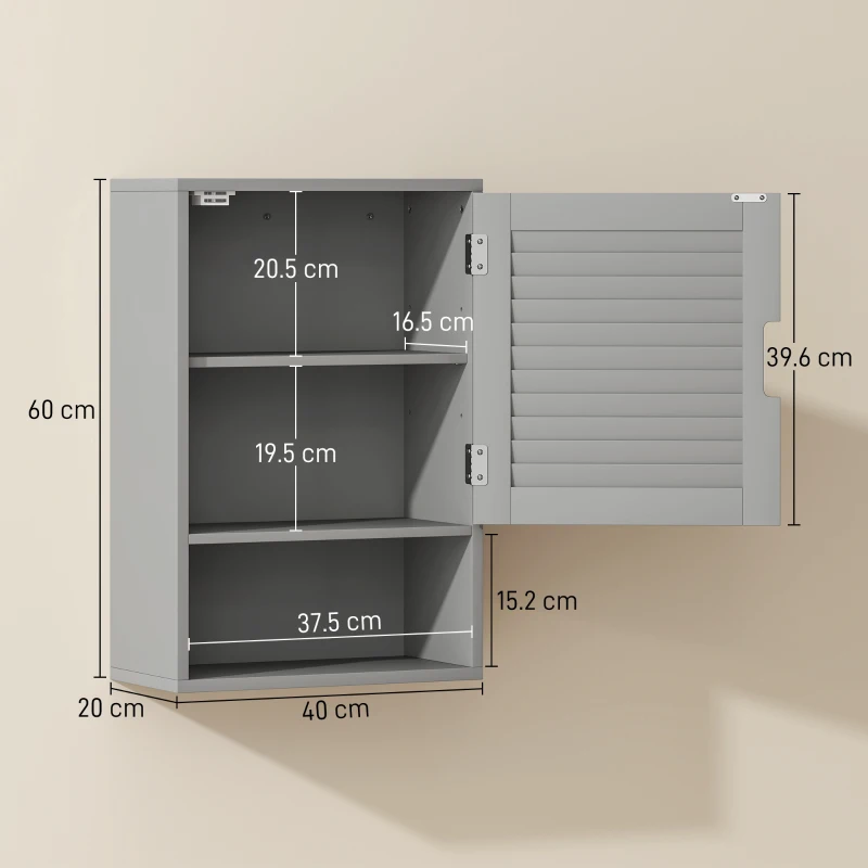 HOMCOM Bathroom Cabinet, Wall Mounted Storage Cabinet with Adjustable Shelves, 40 x 20 x 60 cm, Grey