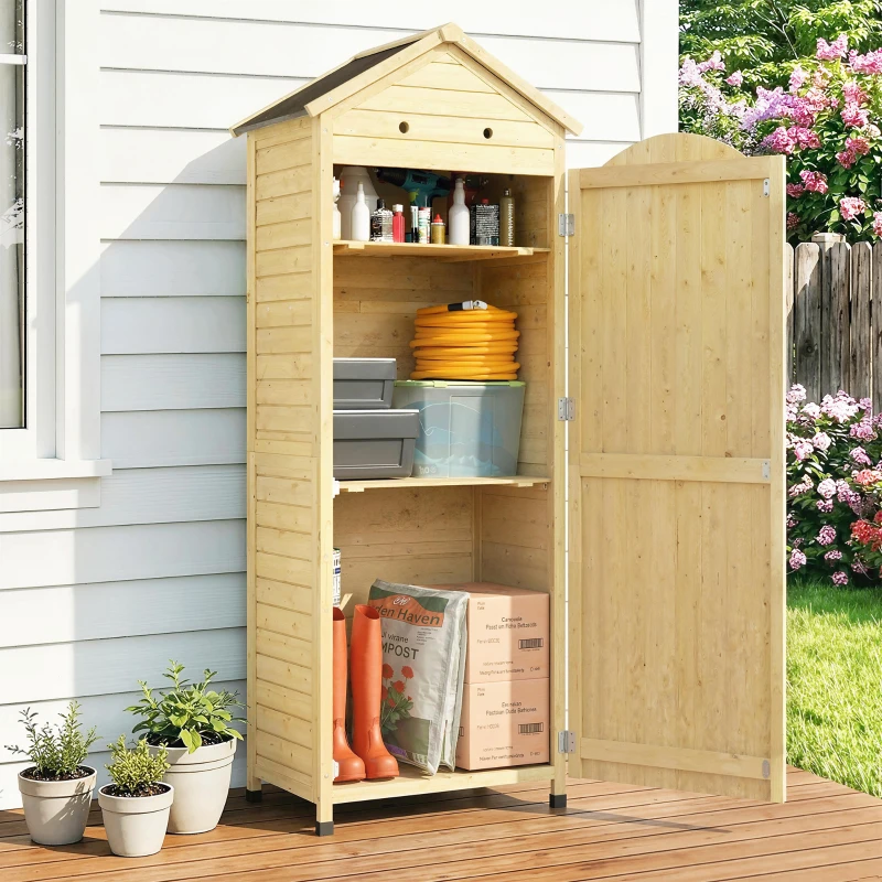 Outsunny Armadio da giardino in legno con tetto zincato, 85x58x213 cm, Naturale