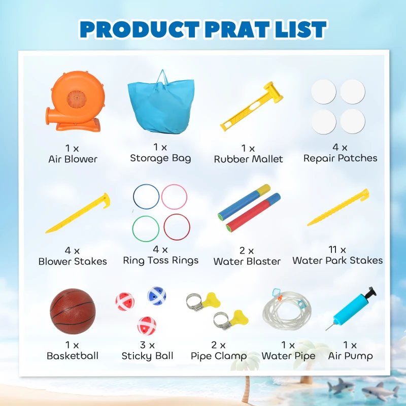 AIYAPLAY 8-in-1 Opblaasbaar Springkasteel met Haai-Design Blazer Glijbaan Zwembad Trampoline voor 3–8 Jaar 405x345x235cm Multicolor