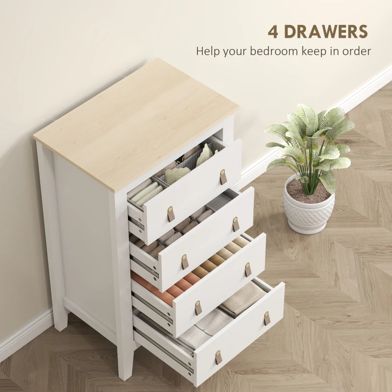 HOMCOM Bedroom Chest of Drawers, Modern 4 Drawer Dresser Cabinet with PU Leather Handles and Metal Runners for Living Room, Hallway, Entryway, 60 x 40 x 98 cm, White