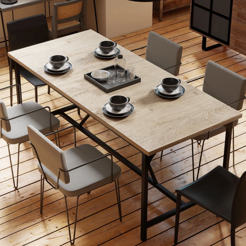 HOMCOM Rechthoekige Eettafel voor 6-8 Personen, Moderne Keukentafel – Houtlook Tafelblad & Zwarte Stalen Poten met Verstelbare Doppen, 180 x 80 cm, Naturel