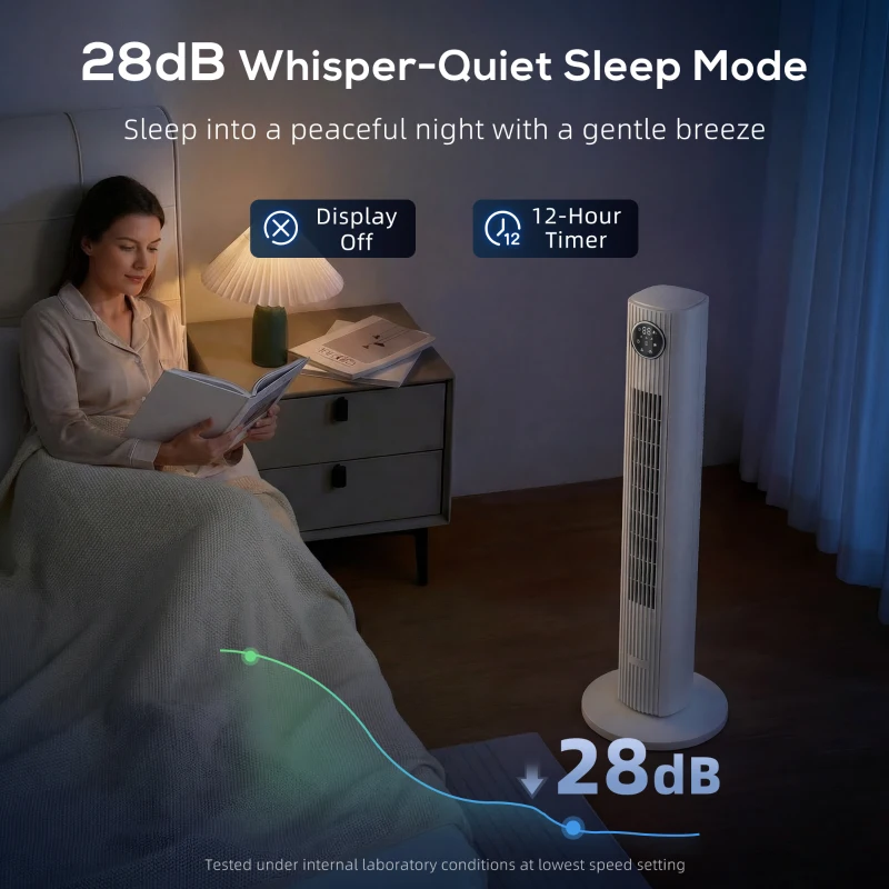 HOMCOM 28dB Tower Fan for Bedroom, 26 ft/s Velocity Standing Cooling Fan with 80° Oscillating, 12 Speeds, LED Display, 4 Modes, 12H Timer, Bladeless, Remote Control, 36 inch, White