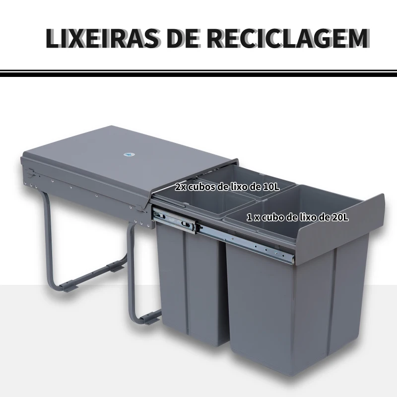 HOMCOM Cubos de Lixo para Cozinha com 3 recipientes de Reciclagem Removíveis 1x20L e 2x10L Metal e Plástico 48x34,2x41,8cm Cinza