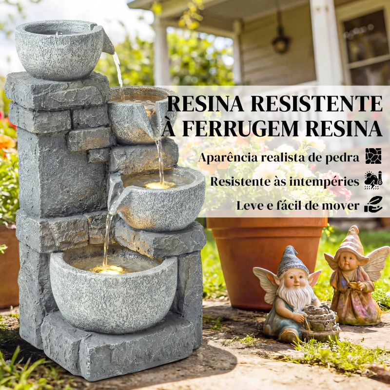 Outsunny Fonte de Jardim com Iluminação LED e Bomba Decorativa em Cascata de 4 Níveis Fluxo Ajustável Cinzento