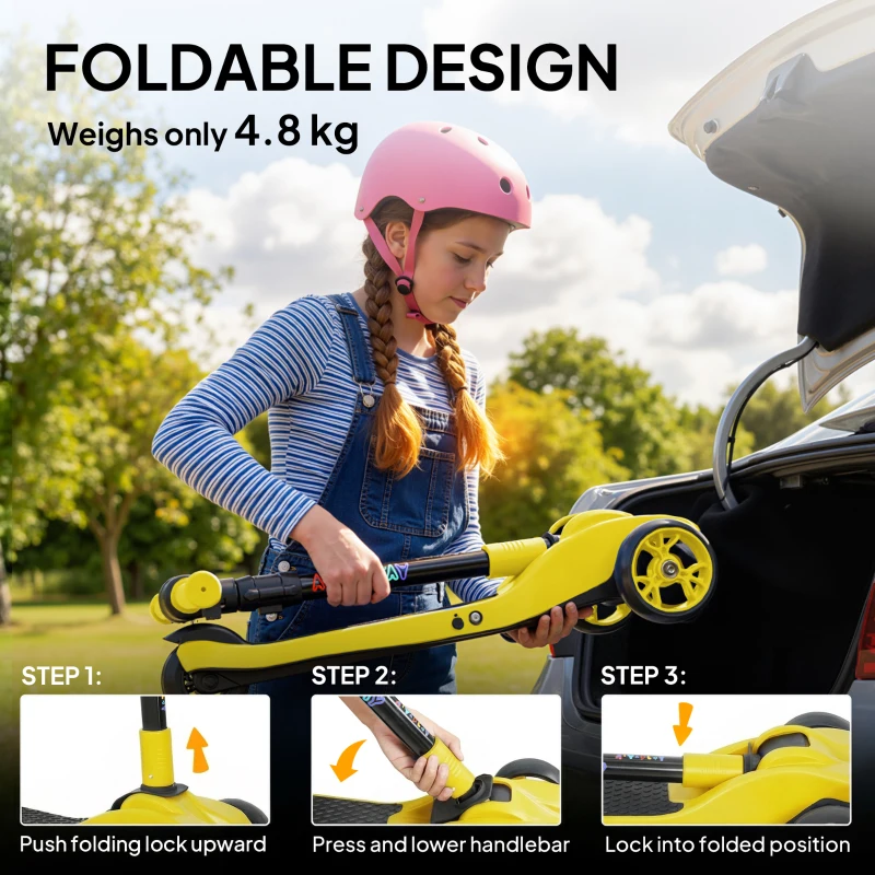 AIYAPLAY Three-Wheel Foldable Electric Scooter for Kids Aged 6-10 Years, Yellow