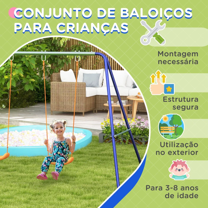Outsunny Conjunto de Baloiço para Crianças com 2 Assentos Resistente aos Raios UV e Suporte de Metal 269x160x180 cm Multicor