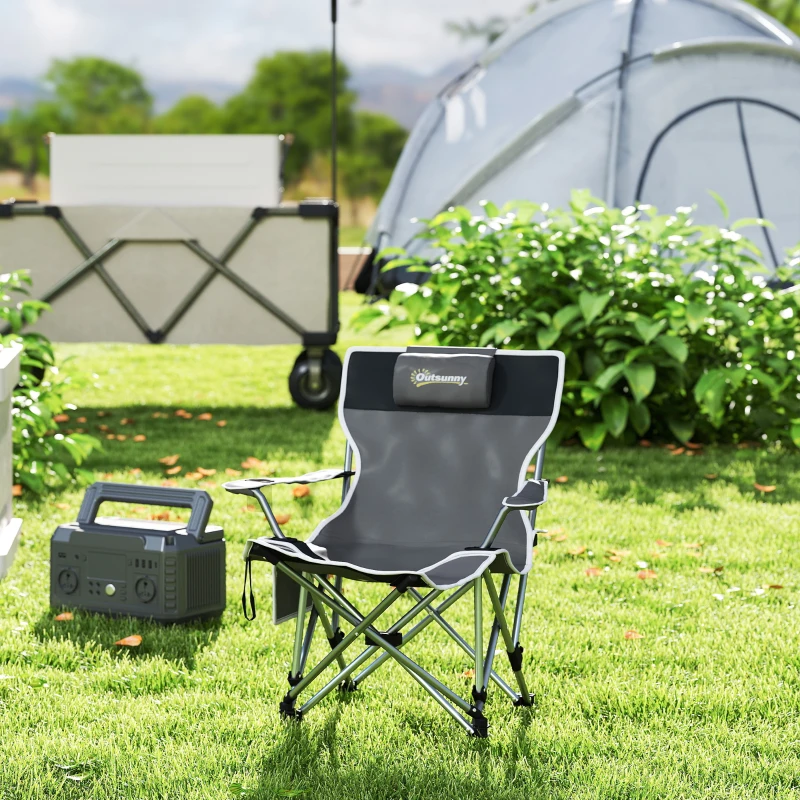 Outsunny Silla de Camping Plegable y Reclinable con Reposapiés Desmontable, Reposacabezas y Portavasos, Gris
