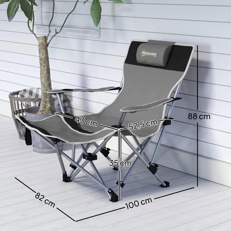 Outsunny Silla de Camping Plegable y Reclinable con Reposapiés Desmontable, Reposacabezas y Portavasos, Gris
