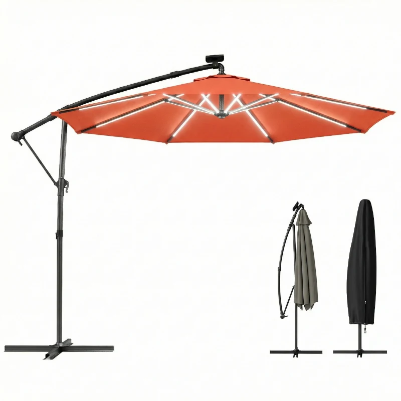 Outsunny 3 m Garden Cantilever Parasol with LED Solar Light, Round Overhanging Umbrella with 360° Rotation, Cover, Orange
