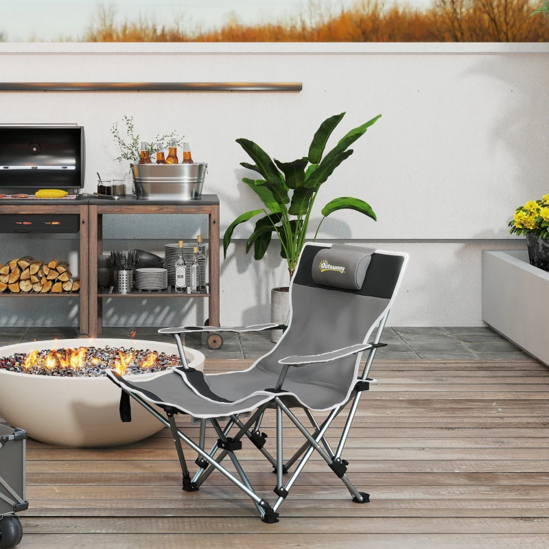 Outsunny Silla de Camping Plegable y Reclinable con Reposapiés Desmontable, Reposacabezas y Portavasos, Gris