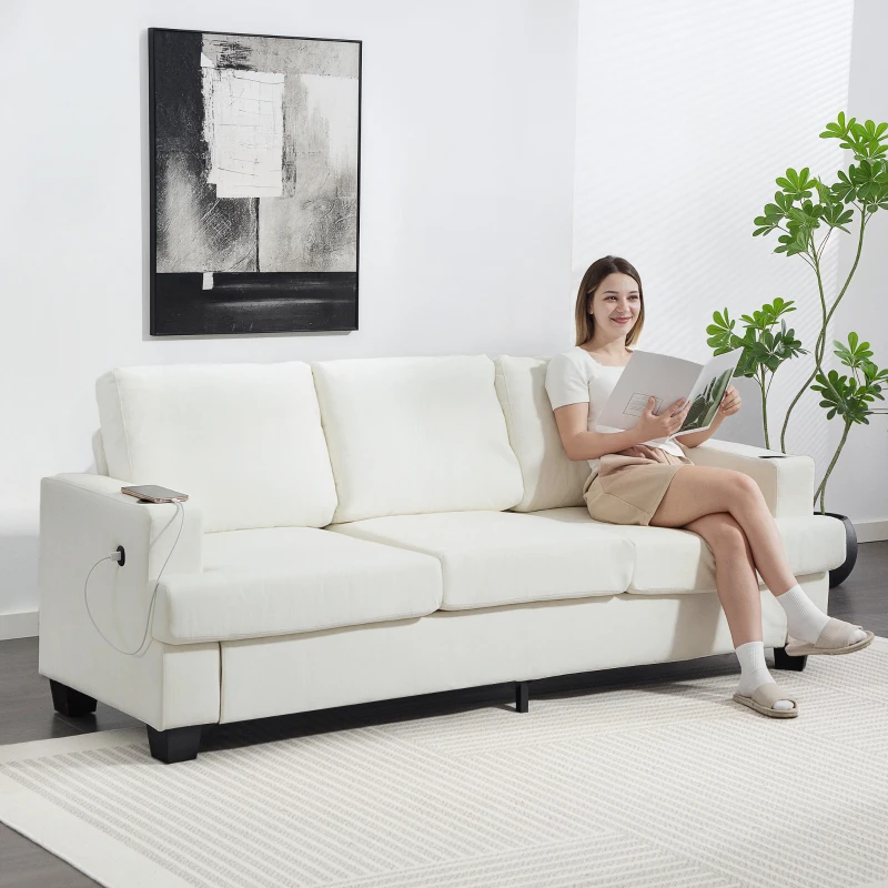HOMCOM 3 Seater Sofa with USB Ports & Cup Holders - Cream White