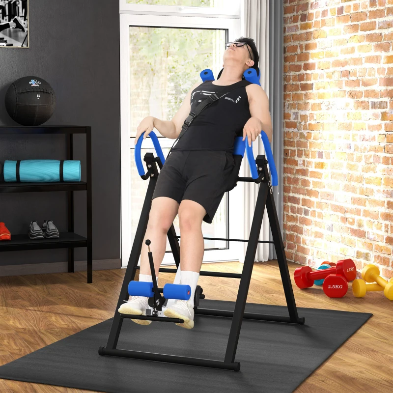 HOMCOM Table d'inversion de musculation pliable ceinture de sécurité réglable angle ajustable 3 niveaux 79x114x153cm bleu noir