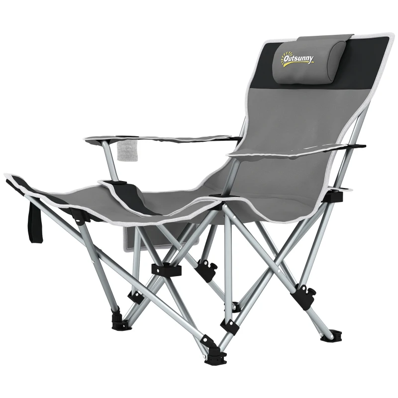 Outsunny Silla de Camping Plegable y Reclinable con Reposapiés Desmontable, Reposacabezas y Portavasos, Gris