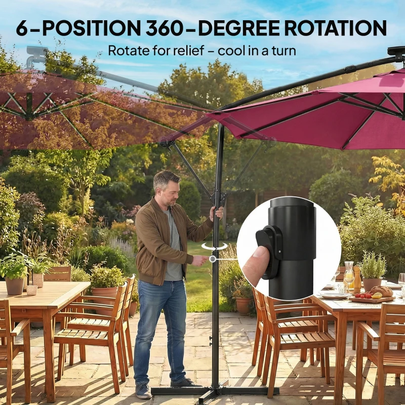 Outsunny 3 m Garden Cantilever Parasol with LED Solar Light, Round Overhanging Umbrella with 360° Rotation, Cover, Wine Red