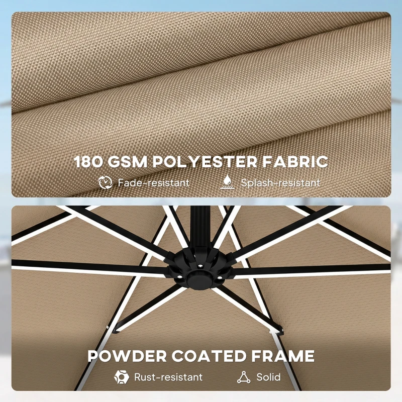 Outsunny 3 m Garden Cantilever Parasol with LED Solar Light, Round Overhanging Umbrella with 360° Rotation, Cover, Khaki