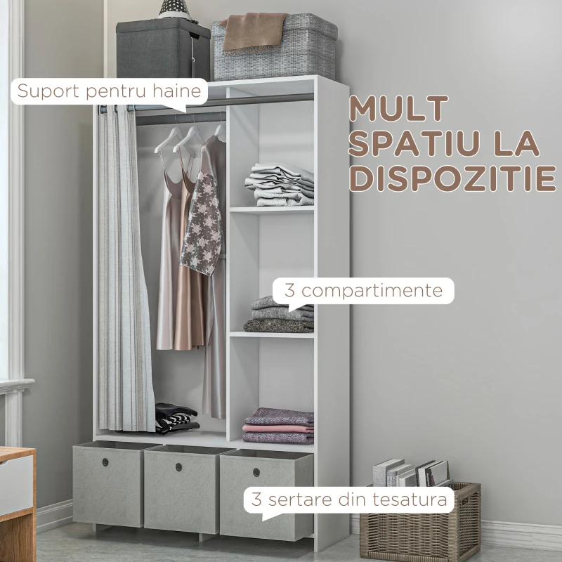 HOMCOM Dulap Modern cu Bară pentru Umerașe, 3 Sertare din Material Textil și 3 Rafturi, 105x48x160 cm, Alb și Gri