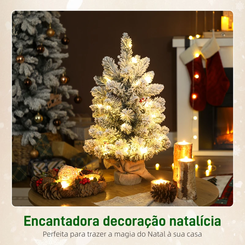 HOMCOM Mini Árvore de Natal Artificial com 35 Luzes LED 60 cm com 72 Ramos com Neve Pinhas Bagas e Base de Saco de Juta Ø37x60 cm Verde
