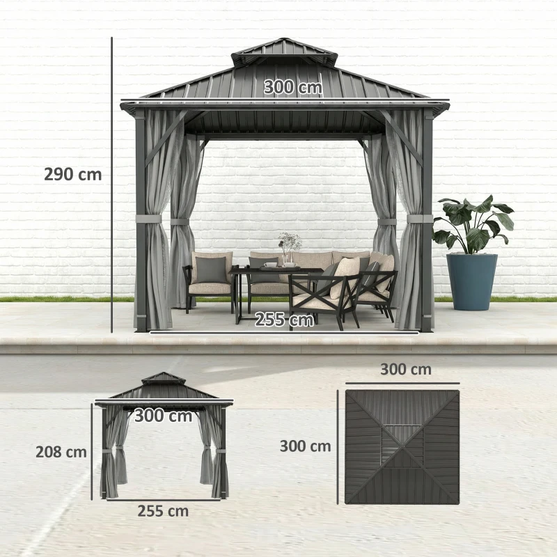 Outsunny 3 x 3(m) Hardtop Gazebo Canopy with Metal Roof, Waterproof Permanent Pavilion Garden Gazebo with Netting, Curtains, Grey