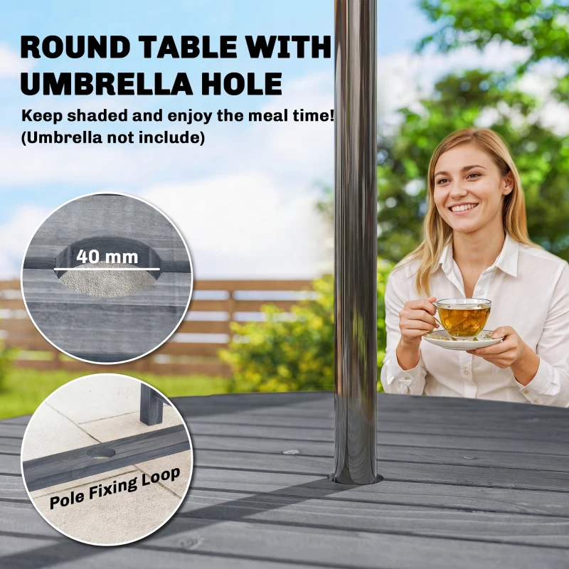 Outsunny 5 Pieces Garden Dining Set with Parasol Hole, Round Outdoor Table and Chairs, 4 Seater Wooden Garden Furniture, Grey