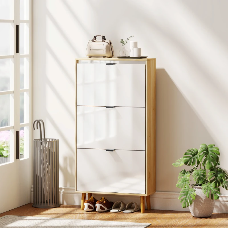 HOMCOM Meuble à chaussures, armoire à chaussures étroite, 3 tiroirs rabattables, porte haute brillante, 60x24x127cm, blanc
