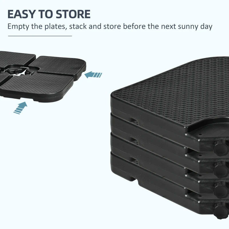 Outsunny 4-częściowy waga na parasol ogrodowy, odporna na warunki atmosferyczne, waga na parasol z uchwytem, waga na parasol ogrodowy z możliwością napełnienia 80 kg piaskiem lub 60 kg wodą, czarny