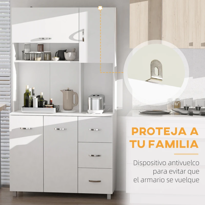 HOMCOM Armario de Cocina Moderno Mueble Auxiliar con 3 Cajones 4 Puertas y Estantes Ajustables 100x39,5x183,5 cm Blanco
