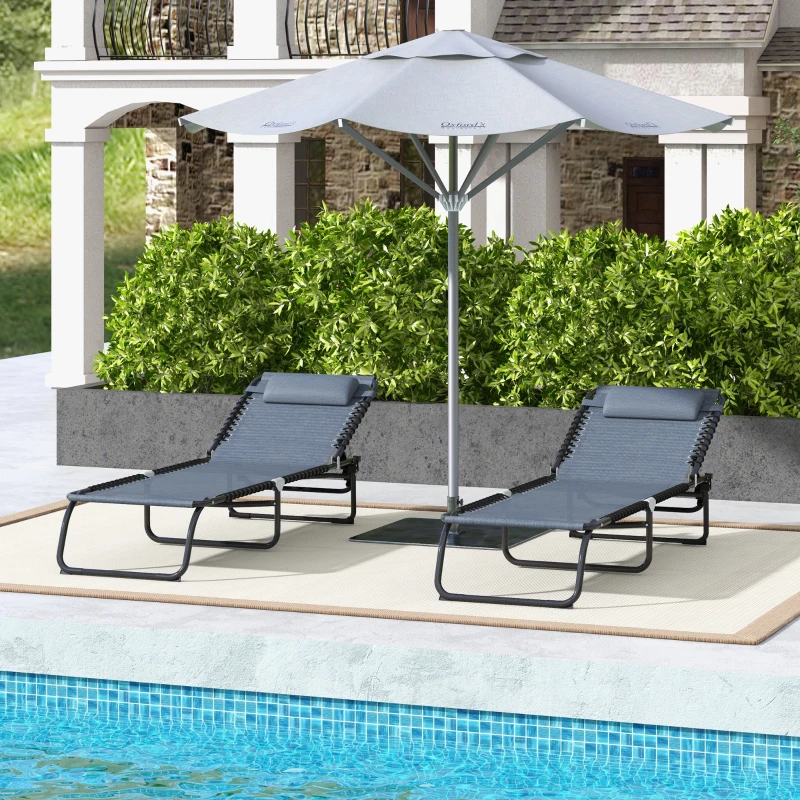 Outsunny Lot de 2 bain de soleil transat pliable dossier inclinable multi-positions acier lacets élastiques textilène gris