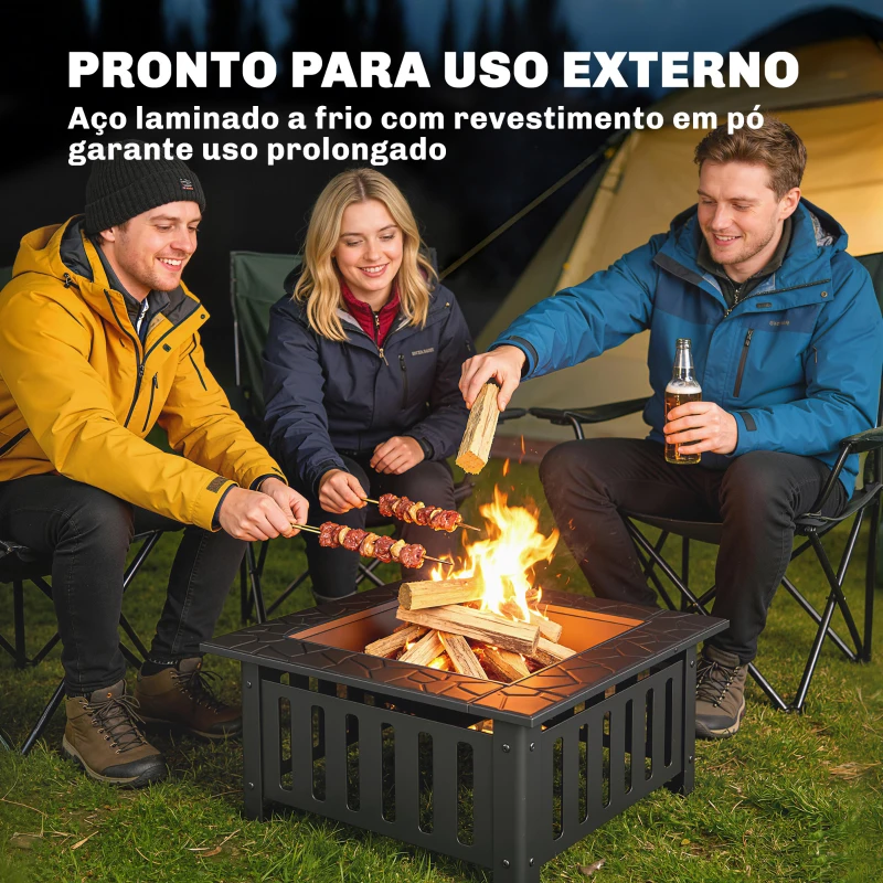 Outsunny Fogareiro Exterior Quadrado em Aço, 67x67x47 cm, com Atiçador e Tampa de Malha, para Festas, Preto