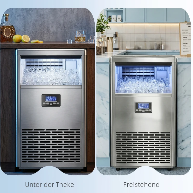 HOMCOM Commerciële Ijsblokjesmachine 45 kg/24 uur, roestvrij staal, met 15 kg opslag, zelfreiniging, zilver