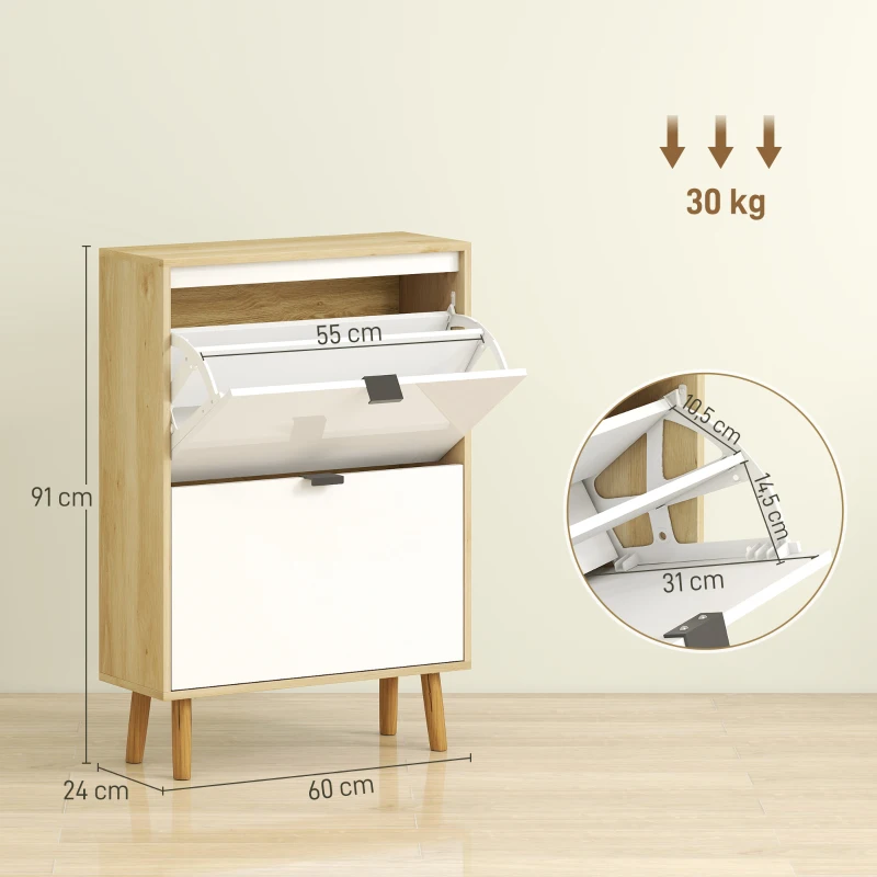 HOMCOM Zapatero Estrecho con 2 Puertas en Blanco Brillo Estantes Ajustables Patas de Madera para 12 Pares de Zapatos