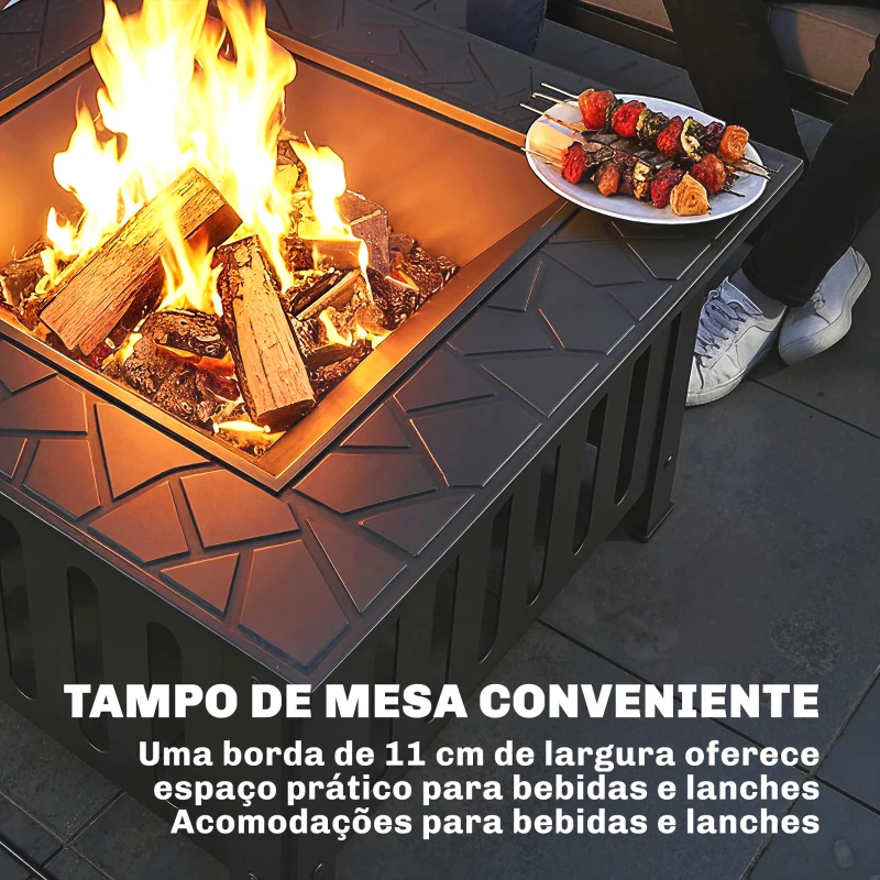 Outsunny Fogareiro Exterior Quadrado em Aço, 67x67x47 cm, com Atiçador e Tampa de Malha, para Festas, Preto