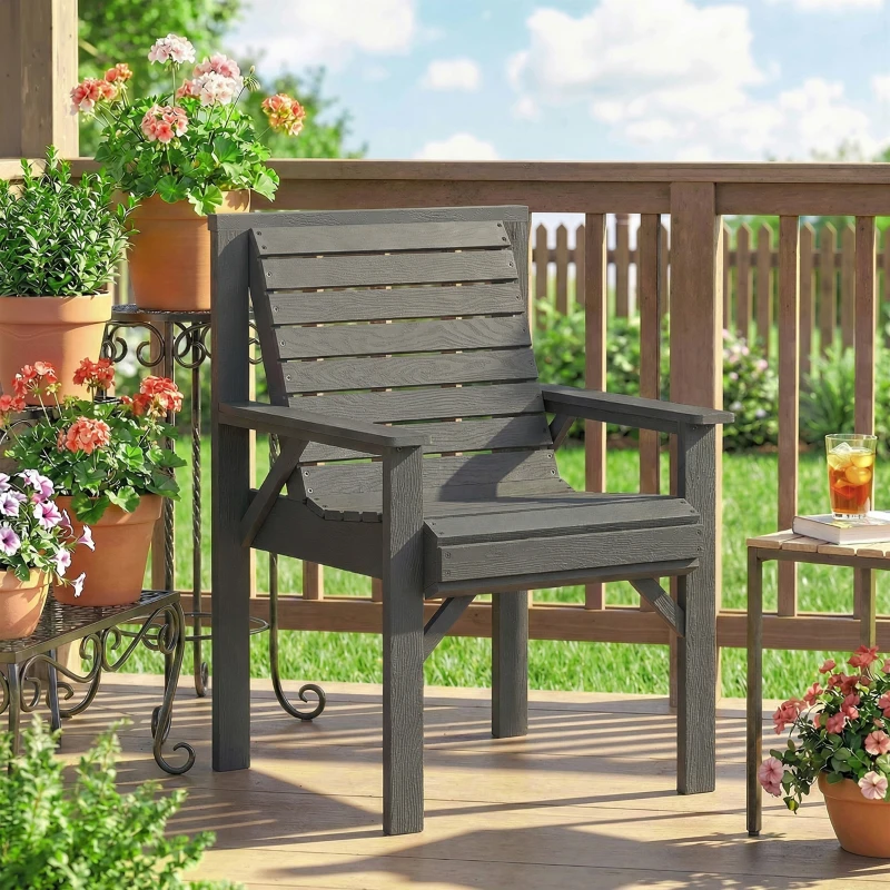 Outsunny Wooden Garden Dining Chair, Outdoor Chair Garden Armchair with Curved Seat and Wide Armrests, Grey Embossed Finish
