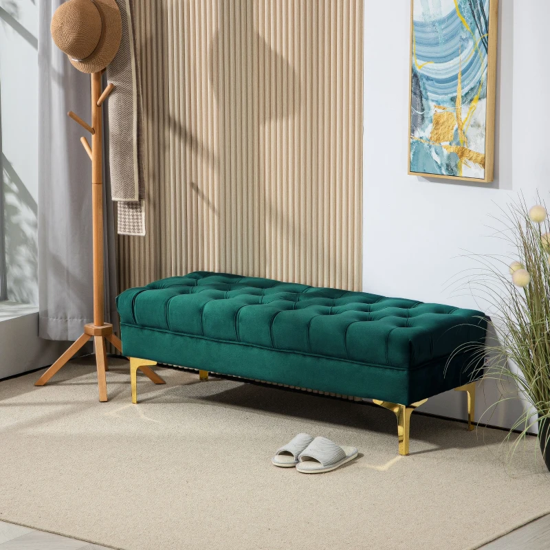 HOMCOM Banc banquette capitonnée bout de lit style classique chic dim. 118L x 45l x 42H cm piètement métal doré velours vert