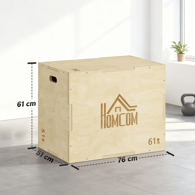 HOMCOM Plyo Box in Legno a 3 Altezze, Jumping Box Pliometrico Capacità 120kg, 61x51x76cm