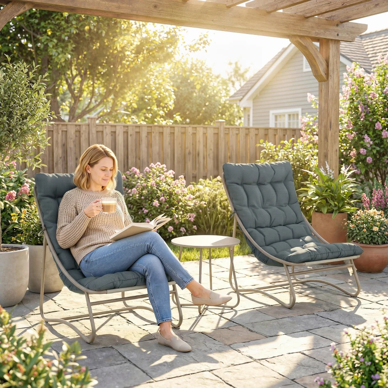 Outsunny 3 Piece Garden Bistro Set, Round Outdoor Bistro Table and Chairs Set for 2 with Texteline Seat and Cushions, Dark Grey