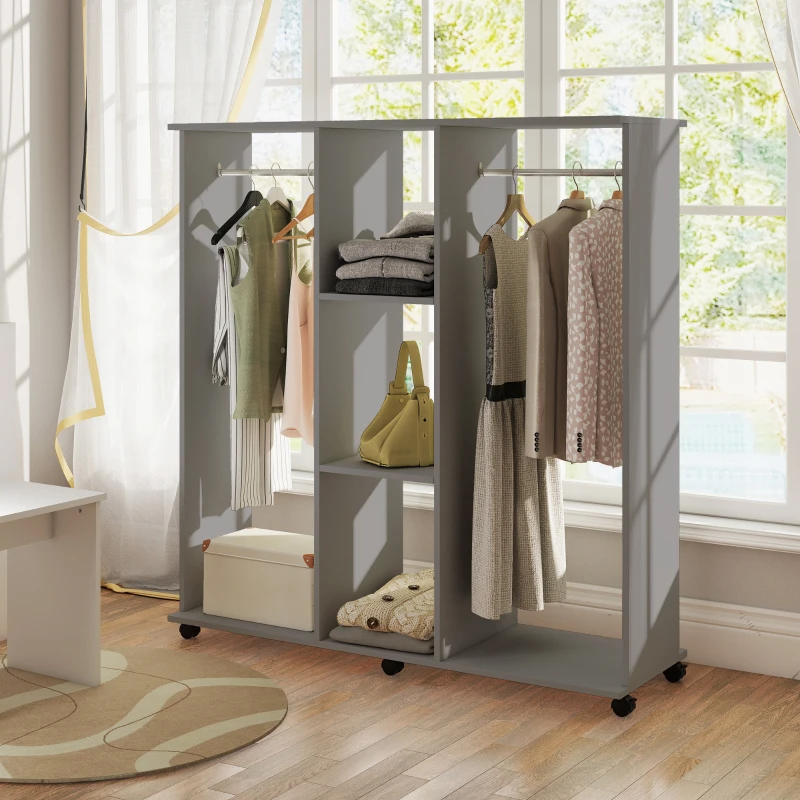HOMCOM Armario vestidor mueble de almacenamiento móvil 6 ruedas 120 x 40 x 128 cm en madera gris