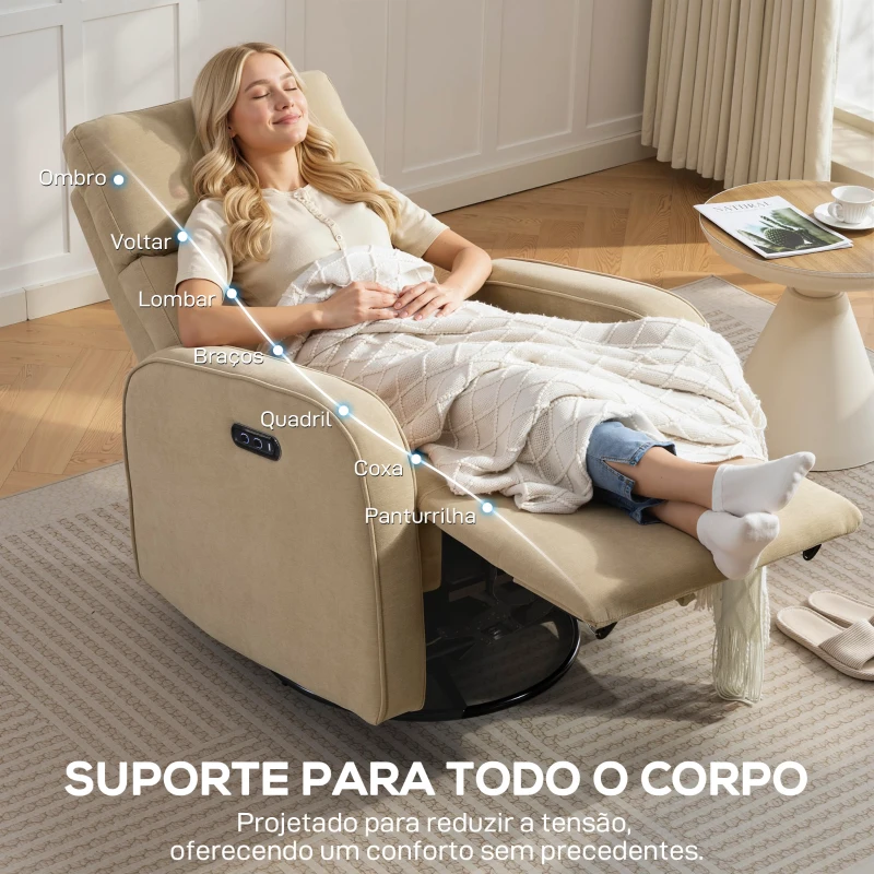 HOMCOM Poltrona Relax Reclinável Elétrica com Duplo Motor Giratória e Baloiço com Encosto de Cabeça Ajustável Portos USB e USB-C Bege