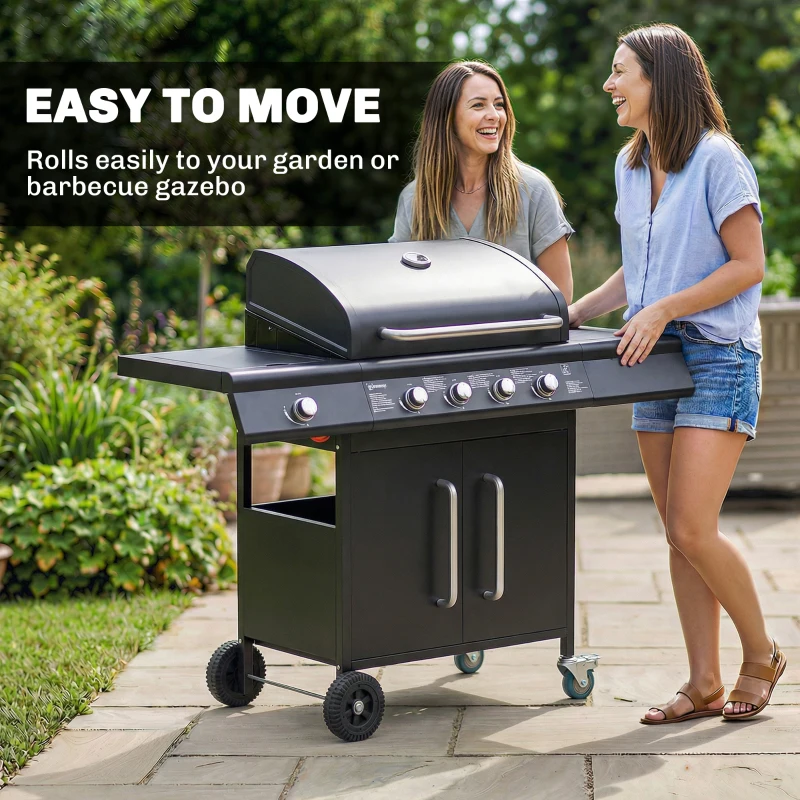 Outsunny 4+1 Burner Gas BBQ Grill with Storage Cabinet, 15.2 kW Gas Barbecue Trolley with Side Table, 4 Wheels, Warming Rack