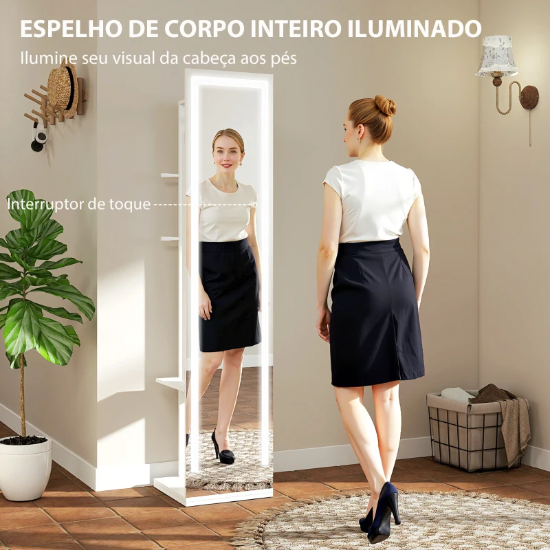 HOMCOM Espelho para Jóias com Luzes LED Espelho de Corpo Inteiro Rotativo 360° Prateleiras Abertas Barras para Pendurar Branco