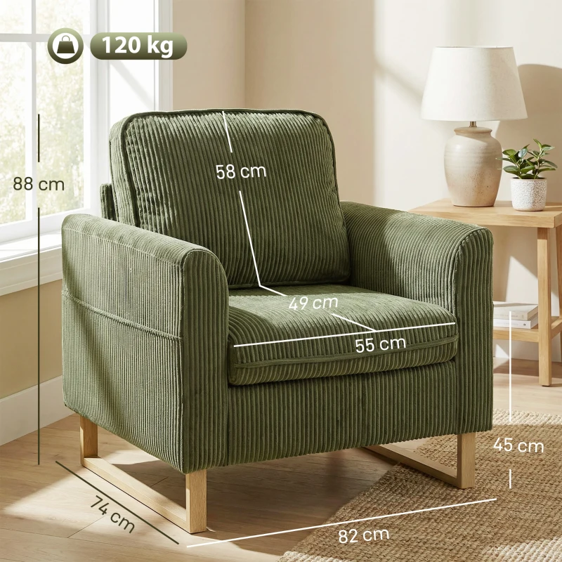 HOMCOM Accent Chair with Spring, Modern Industrial Armchair with Metal Legs for Livingroom Dark Green